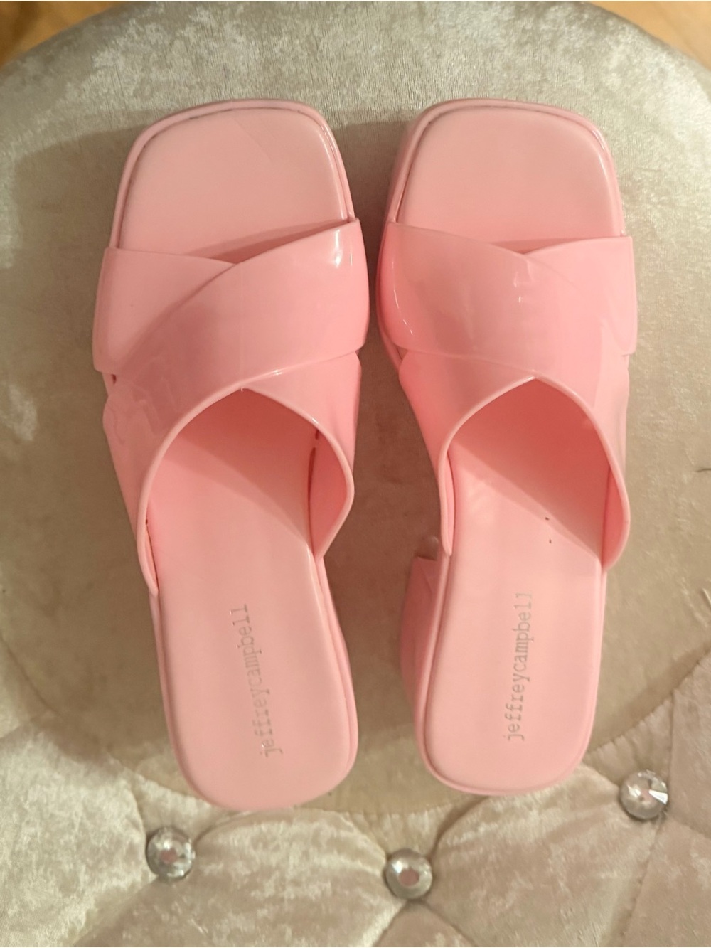 Jeffrey Campbell Glossy Pink Crisscross Slide Mules